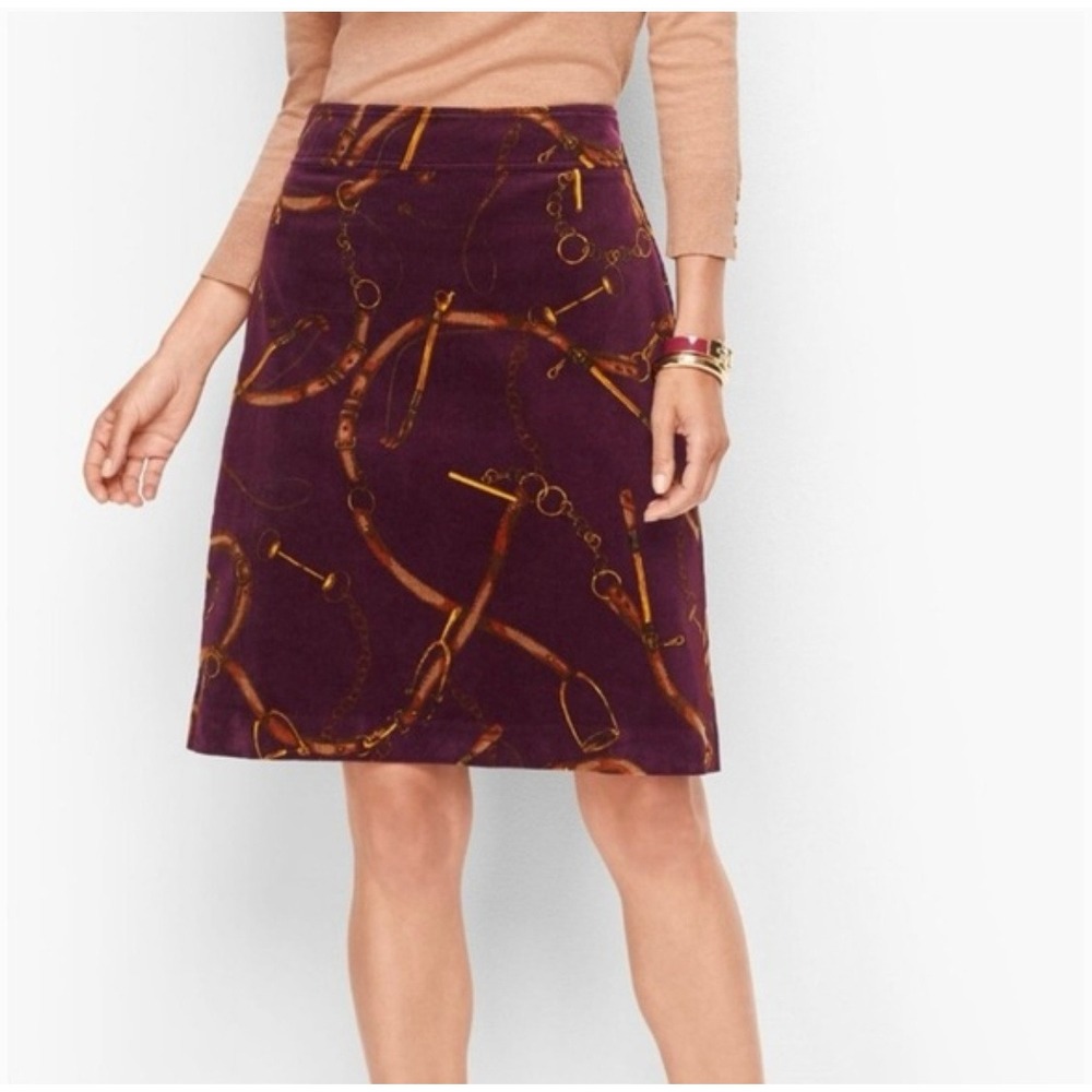 Talbots Corduroy Skirt Sz 18 Eggplant Equestrian Bit & Bridle Print A-Line Horse
